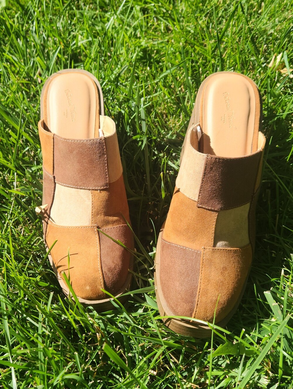 Women's Patchwork Suede Slip-On Clogs - Tan Multi